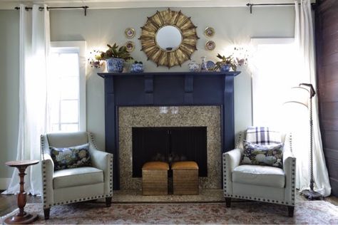 The Prickett Family} The Best From Our Nest: :: My obsession with ... Hale Navy Fireplace, Navy Mantle, Navy Blue Fireplace, Navy Fireplace, Blue Fireplace, Blue Family Rooms, Long Narrow Rooms, Narrow Rooms, Hale Navy