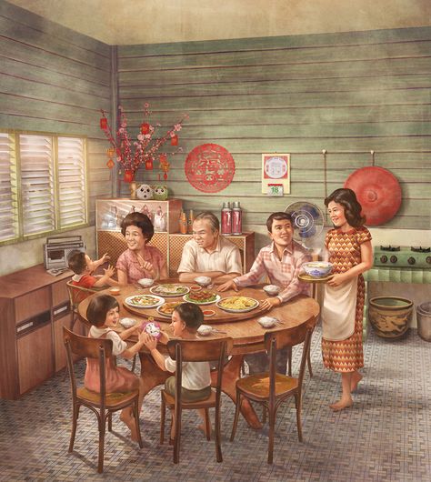 Year Album Cover, Chinese Family Dinner, Chinese Illustration Art, Chinese New Year Painting, Album Cover Illustration, Eating Illustration, Chinese New Year Illustration, Year Album, Flower Dress Art