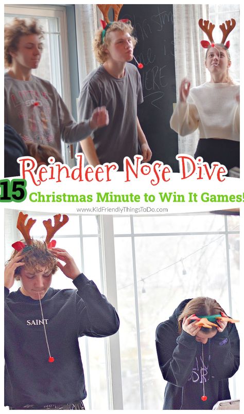 Kids, teens, and adults will have a blast playing these Holiday Minute to Win It Games at school, church, Christmas parties, New Year's Eve parties, and more! Hilarious and fun to play for all ages. Reindeer Games Christmas Party Kids, Christmas Minute To Win It Games Teens, Winter Games For Kids Holiday Parties, Christmas Reindeer Games, New Years Eve Games For Kids, Minute To Win It Games For Kids Christmas, Minute To Win It Christmas Games Kids, Winter Minute To Win It Games, Reindeer Games For Adults