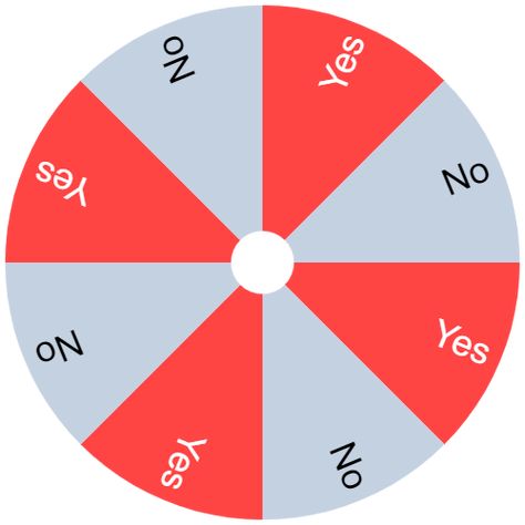 The Yes or No Wheel is an online tool that allows you to spin a digital wheel and get a random "Yes" or "No" result. It is a fun and interactive way to make decisions, settle dilemmas, or add an element of surprise to your choices. Character Wheel, Spin Wheel, Spin The Wheel, Yes Or No, Spinning Wheel Game, Make Your Own Character, Oc Challenge, Smash Or Pass, Wheel Craft