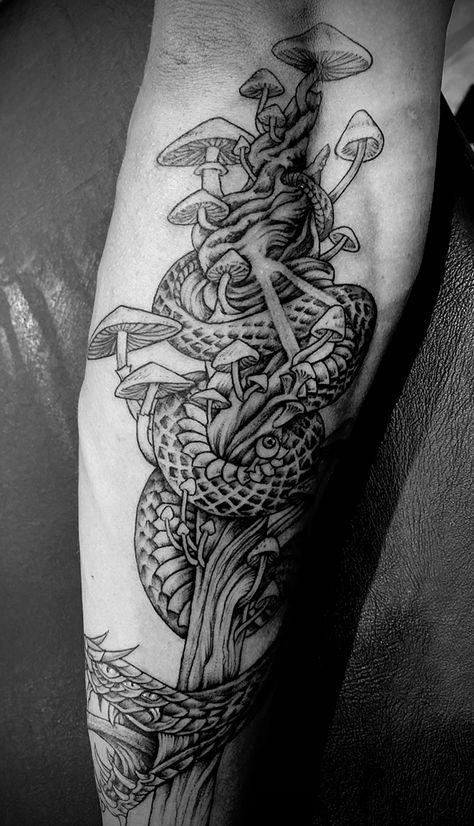 Snake And Mushroom Tattoo, Snake Mushroom Tattoo, Snake Leg Sleeve Tattoo, Mushroom Snake Tattoo, Snake Going Up Leg Tattoo, Snake Forest Tattoo, Snake Mushroom, Tattoos Scary, Mushroom Snake