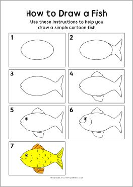 How to draw a fish instruction sheet (SB8283) - SparkleBox Draw A Fish, Trin For Trin Tegning, Drawn Fish, Drawing Kids, Directed Drawing, Kids Painting, Kids Fishing, Fish Drawings, Drawings For Kids