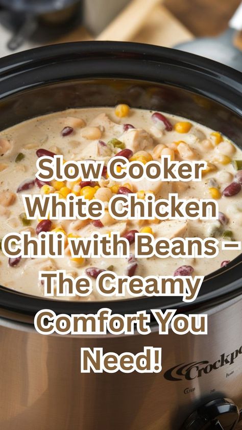 Cozy up with this creamy slow cooker white chicken chili! Let the beans, chicken, and spices simmer all day for a comforting bowl of goodness Slow Cooker Chicken Chilli, White Bean Chili Crockpot, Chilli Recipe Slow Cooker, Recipe For White Chicken Chili, White Chili Crockpot, Chilli Recipe Crockpot, White Bean Chicken Chili Slow Cooker, White Bean Chicken Chili Crockpot, White Chicken Chili Soup