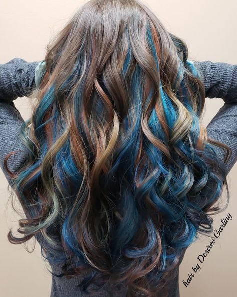 Brown Hair With Blonde And Blue Highlights, Brown And Dyed Hair, Calico Highlights Hair, Blue Calico Hair, Fun Hair Color Ideas For Brunettes, Blue And Brown Hair, Blonde Hair With Blue Highlights, Hair With Blue Highlights, Colors To Dye Your Hair