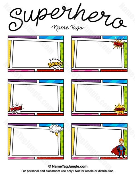 Free printable superhero name tags. Each name tag features a comic book style border with action bubbles, a superhero wearing a cape, and more. The template can also be used for creating items like labels and place cards. Download the PDF at http://nametagjungle.com/name-tag/superhero/ Superhero Name Tags Free Printable, Hero Name Generator, Superhero Name Tags, Marvel Names, Superhero Vbs, Tag Template Free, Family Literacy Night, Superhero Classroom Theme, Name Tag For School