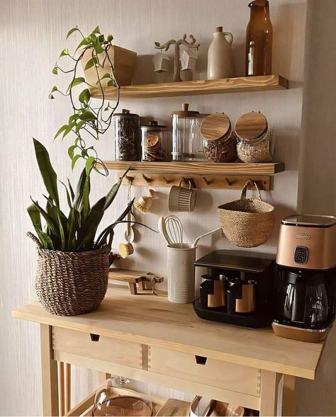 Moody Laundry Room, Bar Styling Ideas, How To Decorate Kitchen Shelves, Cute Coffee Bar, Coffee Bar Styling, Vintage Eclectic Home, Coin Café, Clutter Free Kitchen, Coffee Bar Station