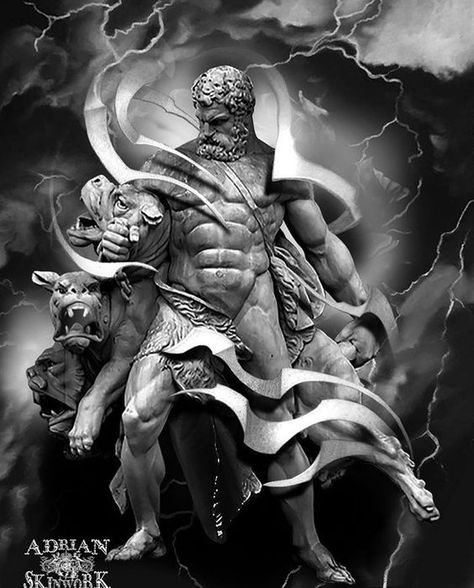 Hades Tattoo Mythology, Hercules Statue, Hercules Tattoo, Hades Tattoo, Greek God Tattoo, Ancient Art Tattoo, Gladiator Tattoo, Zeus Tattoo, Medusa Tattoo Design