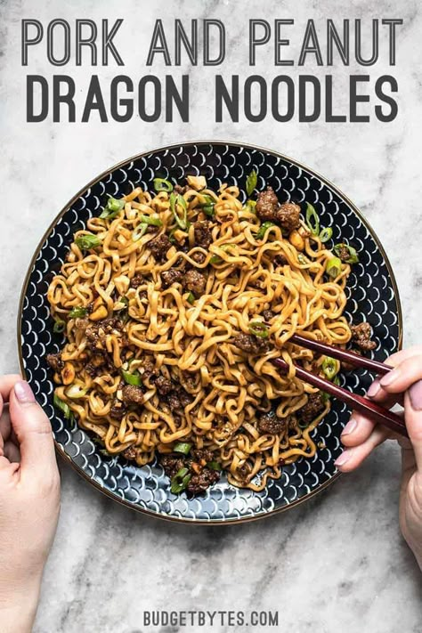 Pork and Peanut Dragon Noodles Dragon Noodles, Noodles Recipe, Food Sweet, Easy Comfort Food, Cheap Dinners, Pork Dishes, Asian Dishes, Chopsticks, Weeknight Meals