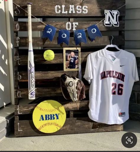 Displaying Jerseys For Grad Party, Softball Senior Table Ideas, Senior Softball Table Ideas, Baseball Senior Table Ideas, Grad Party Sports Display, Sports Theme Graduation Party, Graduation Party Ideas Baseball, Softball Senior Night Table Ideas, Softball Graduation Party Ideas