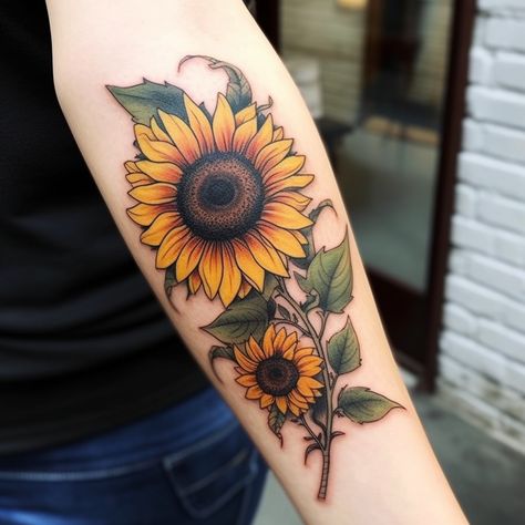 Sunflower Tattoo Meaning: A Guide To Symbolism 2023 Sunflower Tattoo Sleeve Color, Sunflower Design Tattoo, Neotraditional Tattoo Sunflower, Neotrad Sunflower, Unique Sunflower Tattoo Sleeve, Sunflower Tattoo Designs For Women, Sun Flower Tattoo Color, Coloured Sunflower Tattoo, Sunflower Faith Tattoo