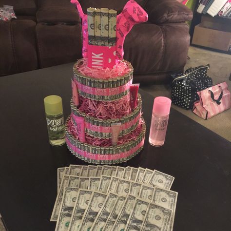 PINK Themed Money Cake for my 14 y/o Birthday. Pink Money Theme Party Ideas, Money Theme Party Ideas, Money Pink, Pink Money, Theme Party Ideas, Money Cake, Pink Birthday Party, Birthday Stuff, Birthday Themes