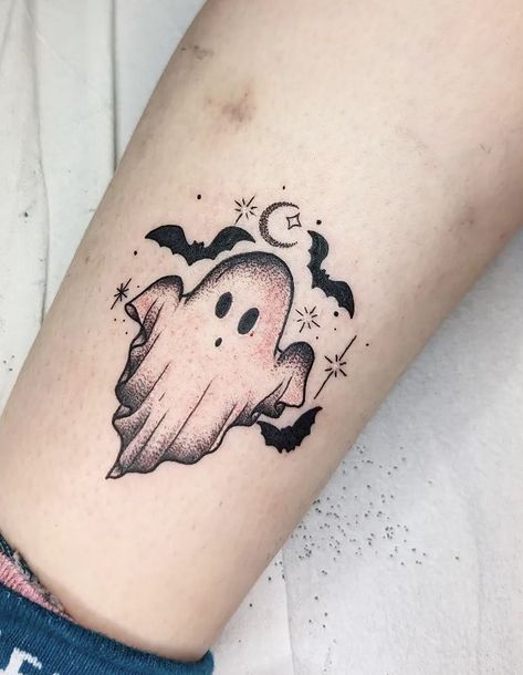 Aesthetic Ghost Tattoo, Halloween Neck Tattoo, Cute Simple Halloween Tattoos, Halloween Ghost Tattoo, Spooky Ghost Tattoo, Fall Halloween Tattoos, Ghost And Bat Tattoo, Cute Halloween Tattoos For Women, Ghost Tattoo With Flowers