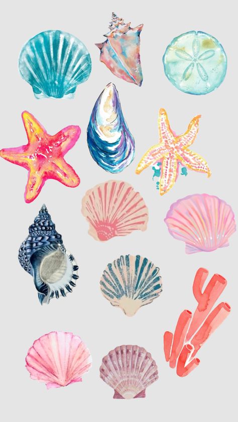 Beachy Backgrounds Iphone, Sea Elements Illustration, Pastel Ocean Aesthetic, Summer Scrapbook Stickers, Beach Pattern Illustration, Beach Shuffle, Beach Collage Wallpaper, Beachy Stickers, Seaglass Colors