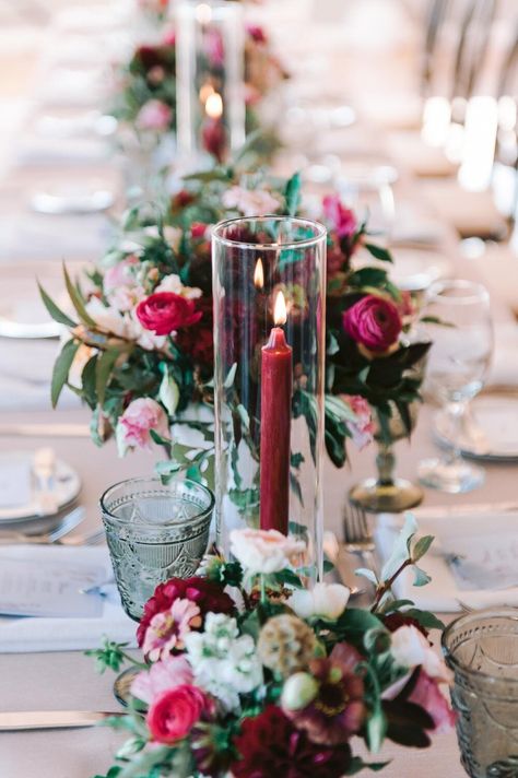 Maroon Candles Wedding, Burgundy Floral Centerpieces, Maroon And Blush Wedding, Wine Wedding Flowers, Candlestick Wedding Decor, Centerpiece Candles, Burgundy Candles, Pink Table Settings, 2026 Wedding