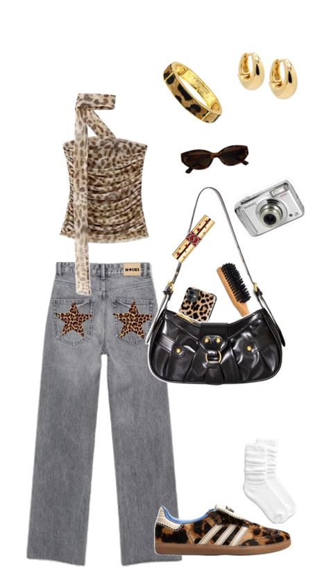 Lepord star jeans, lepord print top, sambas, gold jewellery, fujifilm digital camera, boar hair brush, black bag, ysl lipstick, and sunglasses Fujifilm Digital Camera, Boar Hair Brush, Ysl Lipstick, Bag Ysl, Leopard Outfits, Star Jeans, Black Bag, Hair Brush, Print Top