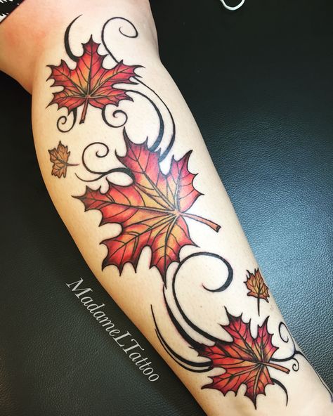 Autumn leaves Autumn Leaves Tattoo, Maple Leaf Tattoos, Fall Leaves Tattoo, Small Wave Tattoo, Pumpkin Tattoo, Autumn Tattoo, Vine Tattoos, Theme Tattoo, Red Tattoos