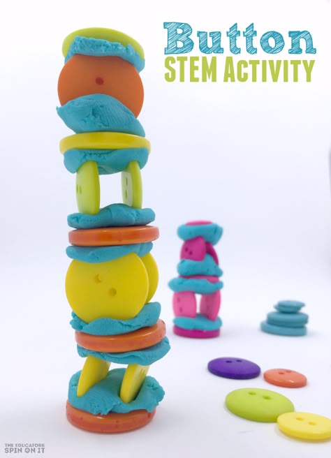 Create this fun Button STEM Activity Challenge with your Kids.  A quick activity that challenges your child's fine motor skills and critical thinking skills.  Plus great for on the go too! Stem Bins, Stem Centers, Kindergarten Stem, Steam Ideas, Preschool Stem, Challenges Activities, Stem Activity, Stem Challenge, Steam Activities