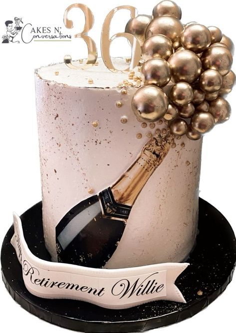 Champagne Cake Ideas, Cake Designs For Retirement, Fancy Birthday Cakes For Women, Retirement Party Themes For Women, Retirement Cakes For Men, Retirement Theme Cake, Retirement Cakes Ideas For Women, Champagne Cake Design, Retirement Cake Ideas For Men