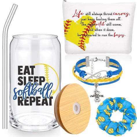 PRICES MAY VARY. Softball Party Favors: this package is suitable for softball fans, which includes a reliable glass water bottle, practical makeup bag, a bracelet, and a cute scrunchy; Show your support for the sport and share your love for softball with others Glass Water Bottle: our 16oz glass water bottle, crafted from glass material, is ideal for you to carry your favorite beverage, matching your love for softball; A reliable addition to your girls softball gifts Practical Makeup Bag: this c Softball Party Favors, Softball Room, Softball Bracelet, Softball Accessories, Softball Party, Softball Gifts, Girls Softball, Inspirational Bracelets, Girl's Back