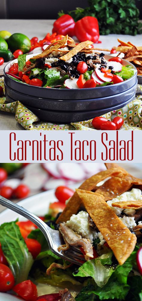 Carnitas Salad, Carnitas Salad Bowl, Beef Fajita Salad, Pork Carnitas Bowl Recipe, Pork Carnitas Nachos, Pork Shoulder Carnitas, Beef Carnitas, Shredded Pork Tacos, Carnitas Tacos