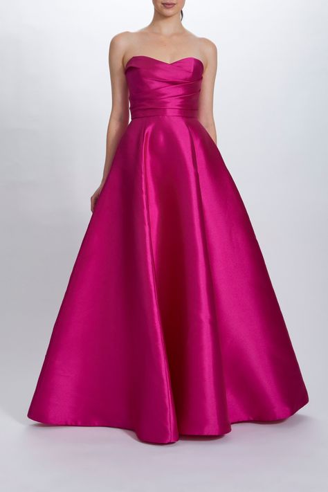 Mikado draped bodice strapless ball gown. Styled with matching cocoon. Shown in Fuchsia. Amsale Bridal, Carolina Herrera Gown, Strapless Ball Gown, Amsale Dress, Draped Bodice, Stunning Prom Dresses, Pink Formal Dresses, Prom Dresses Sleeveless, Perfect Prom Dress