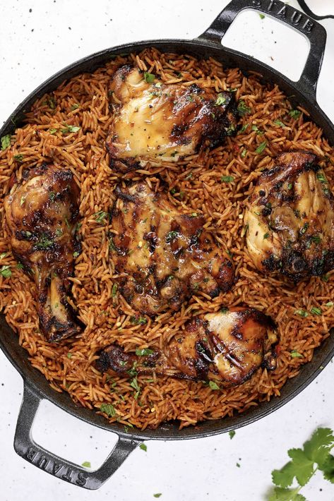 Peri Peri Jollof Rice and Chicken Jollof Rice Ghanaian, African Chicken Recipes, Jollof Rice And Chicken, All Nigerian Recipes, Roasted Chili Peppers, Nigerian Fried Rice, Curry Chicken And Rice, African Recipes Nigerian Food, Rice And Chicken