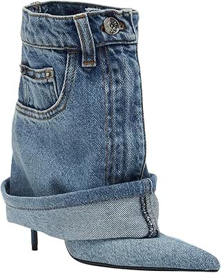 Denim Cowboy, Skirt Boots, Fold Over Boots, Patch Denim, Denim Heels, Skirt Heels, Chic Heels, Denim Boots, Skirts With Boots