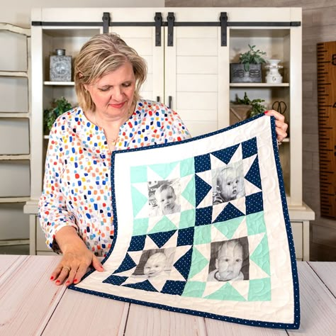 Quilts With Photos On Them, Memory Quilt Wall Hanging Ideas, Photo Memory Quilt Patterns, Photo Memory Quilt Ideas, How To Make A Photo Quilt, Picture Quilts How To Make, Photo Quilts Patterns, Memory Quilts With Photos, Photo Quilts How To Make A