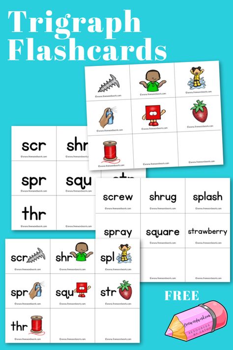 Beginning Trigraph Flashcards - Free Word Work Phonics Flashcards, Letter Blends, Picture Clues, Learning Reading, Homeschooling Resources, Phonics Instruction, Reading Comprehension Strategies, Jolly Phonics, Writing Strategies