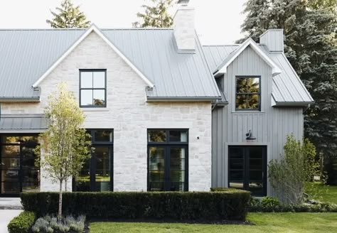 Bringing Ideas to Life White Brick House, Grey Exterior House Colors, Brick Farmhouse, House Paint Color Combination, Stone Interior, Exterior Paint Colors For House, Casa Exterior, Modern Farmhouse Exterior, Black Windows