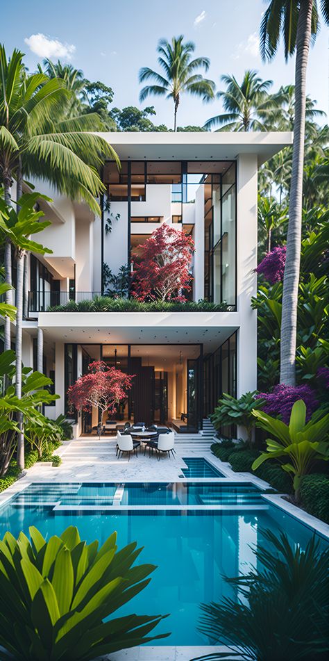 💗 25 Rumah 2 lantai yang menakjubkan dalam suasana tropis dengan arsitektur modern, menampilkan garis tajam, dinding kaca, kolam renang tanpa batas, pencahayaan hangat, karya seni oleh Frank Lloyd Wright dan Richard Meier, dan taman yang indah dengan pohon palem dan bunga berwarna-warni. Richard Meier, Frank Lloyd, Frank Lloyd Wright, Lloyd Wright, Modern House Design, House Plans, Modern House, House Interior, Dream House