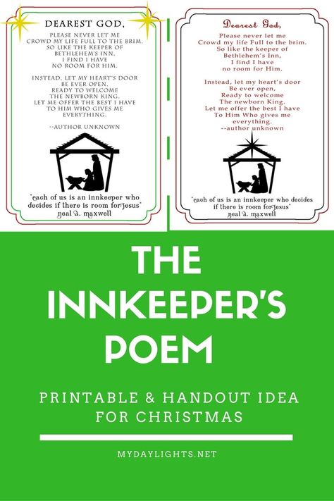 The Innkeeper's Poem Printable and Handout Idea Christmas Stories Inspirational Lds, Christmas Devotional Ideas, Christmas Poems For Church, Christmas Devotions, Relief Society Christmas, Christmas Poetry, Lds Christmas, Christmas Sunday School, Christmas Devotional