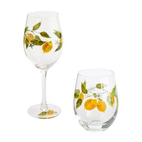 Lemon Wine, Hand Painted Glassware, Glass Painting Designs, Hand Painted Wine Glasses, Painting Glassware, Painted Wine Glasses, Paint And Sip, Bottle Painting, Pier 1