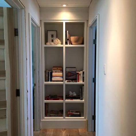 Bookcase at the end of the hall #3 End Of Hallway Bookcase, End Of Hall Bookshelf, End Of Hallway Bookshelf, Wall Inserts Built Ins, Basement Bookcase, Hallway Bookcase, End Of Hallway Ideas, End Of Hallway, Narrow Bookshelf