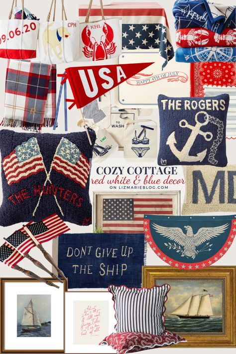 Coastal Americana Aesthetic, Blue And White Basement, Red White Blue Living Room, Red White Blue Bedroom, July Widget, Red White And Blue Room, Red White And Blue Bedroom, Blue And Red Aesthetic, Coastal Airbnb