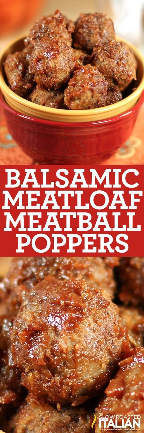 Balsamic Meatloaf Meatballs are a poppable appetizer based on our #1 balsamic glazed meatloaf recipe!! Moist, flavorful and SO addictive! Balsamic Meatloaf, Meatballs Meatloaf, Balsamic Meatballs, Meatloaf Meatballs, Glazed Meatloaf, Meatloaf Glaze, Glazed Meatballs, The Slow Roasted Italian, Best Meatloaf