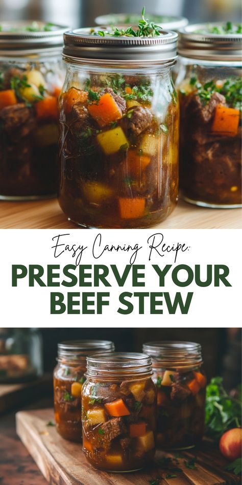 Discover an easy canning recipe to preserve your beef stew. This guide will help you keep your stew fresh and delicious for future meals. Save this pin for a simple and reliable canning method! Pressure Canning Beef Stew, Beef Stew For Canning, Mulberry Canning Recipes, Canning Beef Stew Raw Pack, Canning How To, Best Foods For Canning, Canning Stew Meat, Canning Beef Recipes, Canning Meals In A Jar