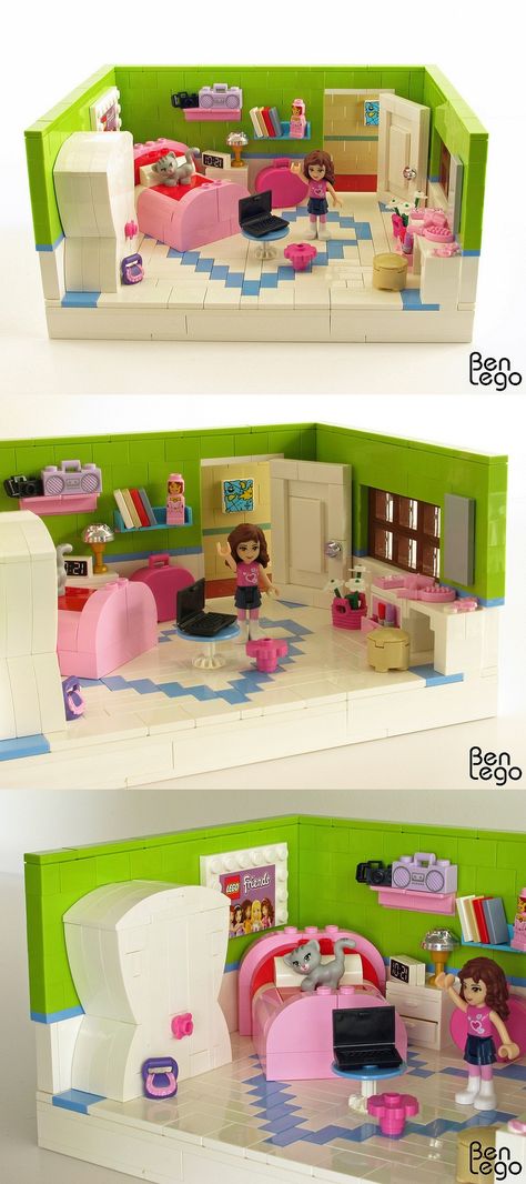 slaapkamer Lego Friends Bedroom Ideas, Lego Friends Ideas, Lego Bedroom Decor, Lego Tables, Cake Lego, Friends Lego, Lego Bedroom, Lego Friends Sets, Instructions Lego