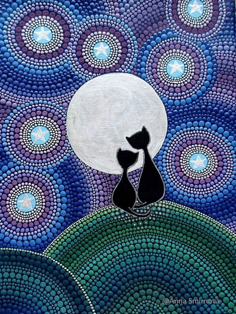 Puntillismo Cat Moon, Mandala Art Lesson, Dot Art Painting, Mandala Dots, Resin Painting, Mandala Design Art, Mandala Painting, Dot Art, Aboriginal Art