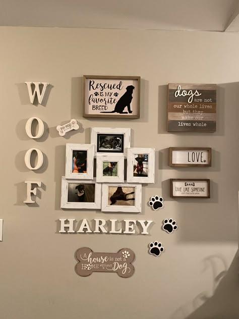 Dog collage wall Decor For Dog Area, Dog Office Ideas, Dog Collage Wall, Pet Collage Wall, Dog Corner In Bedroom, Dog Wall Ideas, Dog Wall Decor Ideas Living Room, Dog Photo Wall Ideas, Doggy Room Ideas