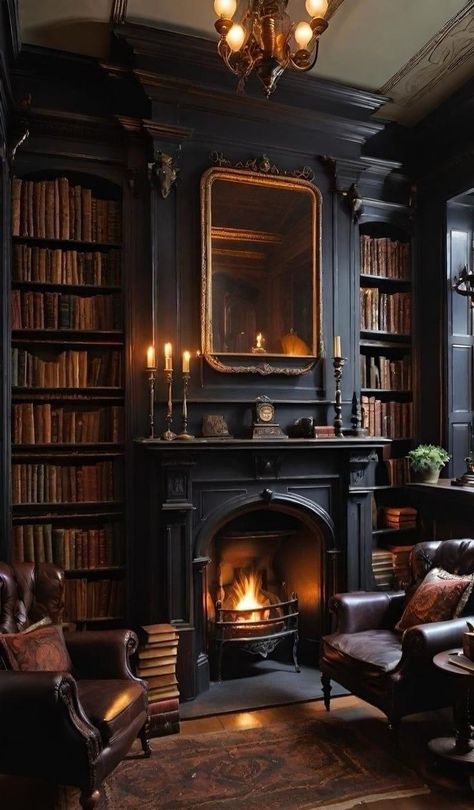 Massive Fireplace Ideas, Acotar Background, English Style Home, Dark Academia Bedroom Ideas, Gothic Fireplace, Dark Academia Interior, Cottage Core House, Home Library Rooms, Victorian Home Decor