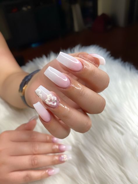 Pink And White Ombre Nails Rhinestones, Ombré Nails With Gems, Pink And White Ombre Nails With Design, Ombre Nails With Butterflies, White Ombre Acrylic Nails, Ombre Nails With Rhinestones, Pink White Ombre, Army Nails, Coffin Nails Ombre