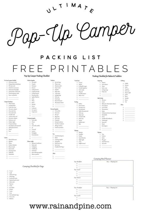 Ultimate Pop-Up Camper Packing List + FREE Printables Includes all the packing lists youll need for camping with a family! Packing for babies & toddlers, dogs, packing a pop-up camper and a 9-day meal planner. www.rainandpine.com Camper Packing List, Camping Meal Planner, Camping Hacks With Kids, Camping With Toddlers, Camping Packing List, Camping List, Popup Camper, Packing Checklist, Pop Up Camper