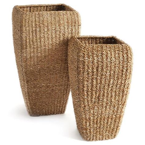 Zuri French Country Brown Woven Seagrass Square Basket Planter - Set of 2 Round Planters, Napa Home, Floor Baskets, Planters For Sale, Square Baskets, Square Pouf, Seagrass Basket, Tall Planters, Square Planters