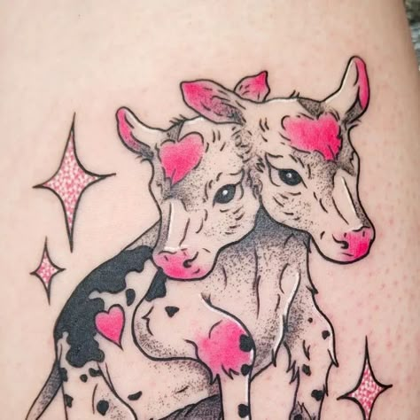 LOZ on Instagram: "Two headed Calf for @x.leigh19.x Had alot of fun with this one. DM to book. ----------------------------- Done at @indelible_ink_studio Using @monstersinkhq @valknutrotary ----------------------------- #tattoo #tattoos #cow #cowtattoo #twoheadedcalf #twoheadedcow #cutetattoo #pink #pinktattoo #cute #linework #stippletattoo #lineart #glittertattoo #dots #dotwork #dotworktattoo" Double Headed Calf Tattoo, Prospective Tattoo, Two Headed Calf Tattoo Design, Two Headed Calf Illustration, Double Headed Animal Tattoo, 2 Headed Cow Tattoo, 2 Headed Animals Tattoo, Cow Head Tattoo Woman, Two Headed Calf Painting