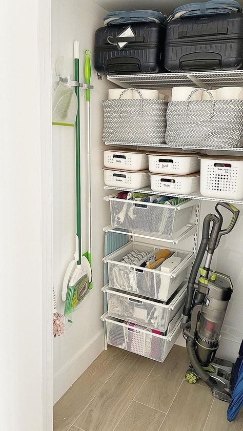 Home Storage Organization, Pantry And Cleaning Closet Combo, Deep Cupboard Storage Ideas, Clothing Closet Organization, Cleaning Cupboard Organisation, Pantry Door Ideas, Cleaning Cupboard, Cleaning Closet Organization, Home Decor Ideas Bedroom