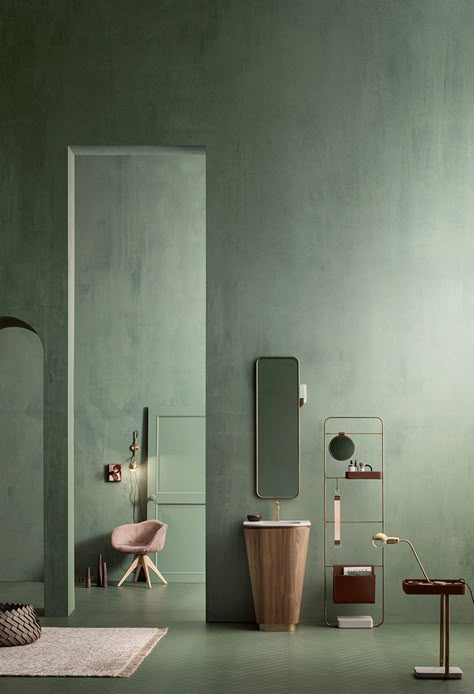 Suede. Bathroom inspired by Art Deco style Deco Spa, Bathroom Improvements, Bathroom Color Schemes, Contemporary Bathroom Designs, Green Walls, Green Interiors, Green Rooms, Interior Deco, Estilo Art Deco