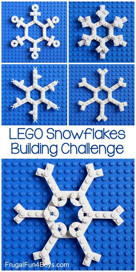 LEGO Snowflakes Building Challenge Christmas Lego Challenge, Lego Christmas Challenges For Kids, Lego Snowflake, Easy Christmas Lego Builds, Lego Ornament Instructions, Lego Christmas Ornaments, Lego Ornaments, Building Challenge, Lego Girls