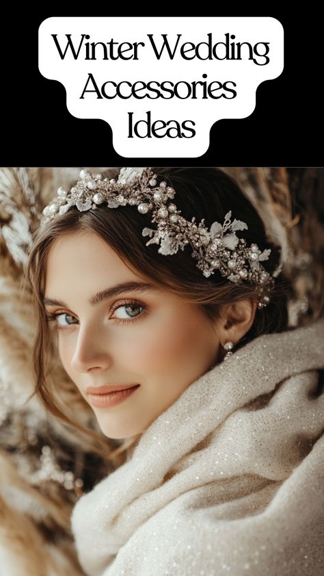 Bridal accessories for a winter wedding, including a cozy shawl and sparkling headpiece, styled for an elegant and warm look. Winter Wedding Accessories Brides, Winter Wedding Headpiece, Winter Wedding Hair Pieces, Winter Bride Hair Accessories, Snowflake Wedding Tiara, Winter Wedding Accessories, Winter Wedding Shawl, Winter Wedding Hair, Winter Wedding Fashion