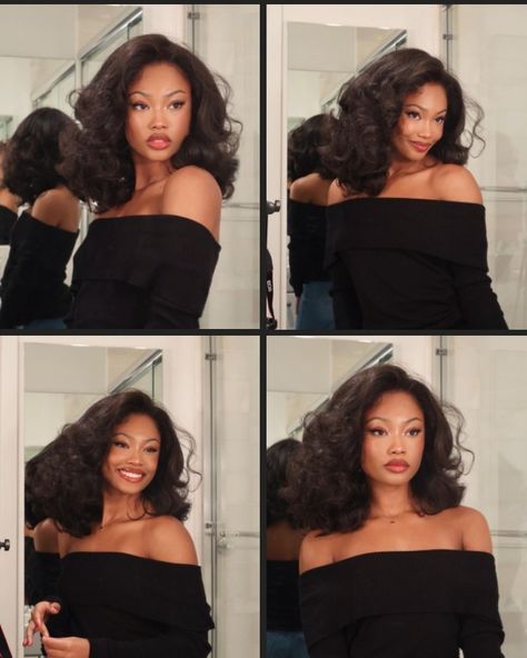 80s Black Woman Hair, Black Woman Straight Hairstyles, Old Hollywood Curls Black Women, Blowout Hairstyles For Black Women, Feminine Hairstyles Black Women, Soft Dramatic Hairstyles, Feminine Aesthetic Black Women, 90s Blowout Hair Black Women, Feminine Outfits Black Women